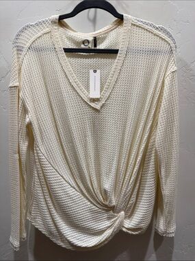 Anthropologie Cream Waffle-Knit V-Neck Twist-Front Long Sleeve Top